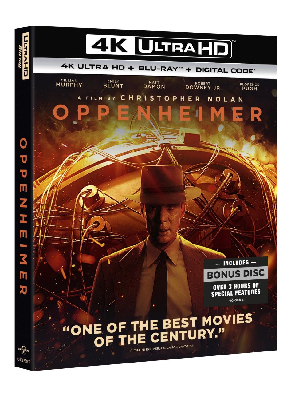 This image provided by NBC Universal shows the cover of the 4K Ultra HD, Blu-ray and DVD for the film Oppenheimer. Can you hear the music? Christopher Nolan's "Oppenheimer" will finally be available to watch in your living room over the holidays (after Nov. 21). The 4K Ultra HD, Blu-ray and DVD will include over three hours of special features including a 70+ minute making-of documentary, with new interviews with Nolan, the cast and crew, a look at the development of black & white 65mm utilized for the film, as well as a panel conversation between Nolan, author Kai Bird and physicists Dr. Kip Thorne, Dr. Thom Mason and Dr. Carlo Rovelli. (NBC Universal via AP)