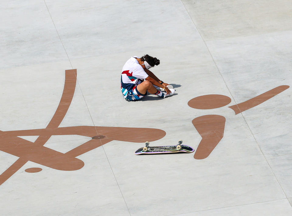 <p>Mariah Duran of the United States takes a moment after falling during the women's street preliminaries on July 26 at Ariake Urban Sports Park.</p>