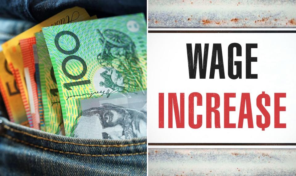 Compilation image of Australian dollars in a jeans back pocket and a poster saying 'wage increase'