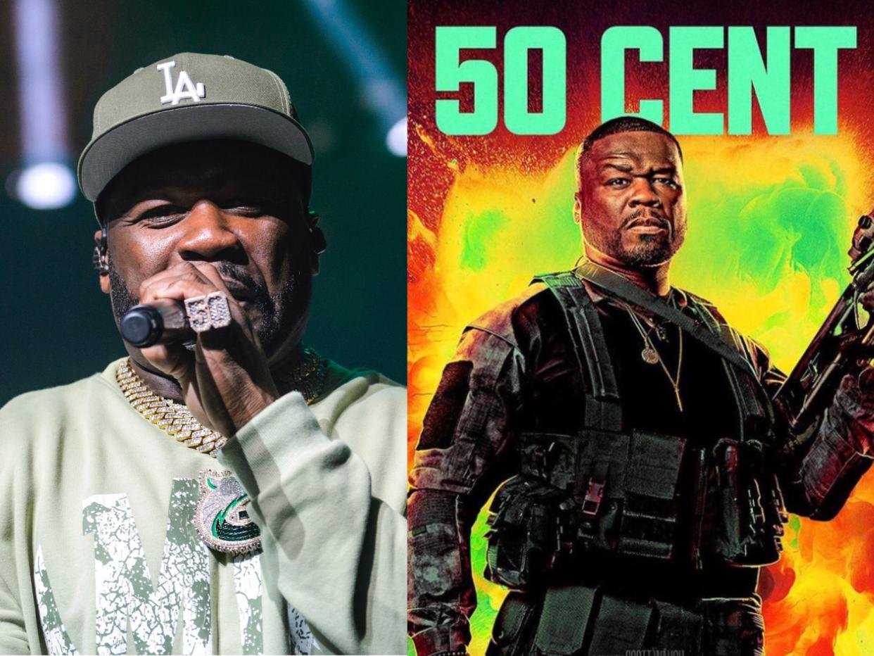 A composite image of 50 cent performing with a microphone and the movie poster.