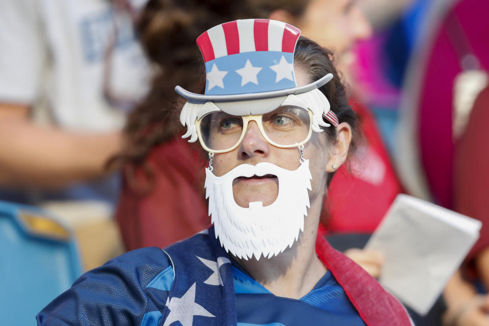 A fan of team USA enjoys the atmosphere during the 2019 FIFA Women's World Cup France group F match between Sweden and USA at Stade Oceane on June 20, 2019 in Le Havre, France. (Photo by Catherine Steenkeste/Getty Images)