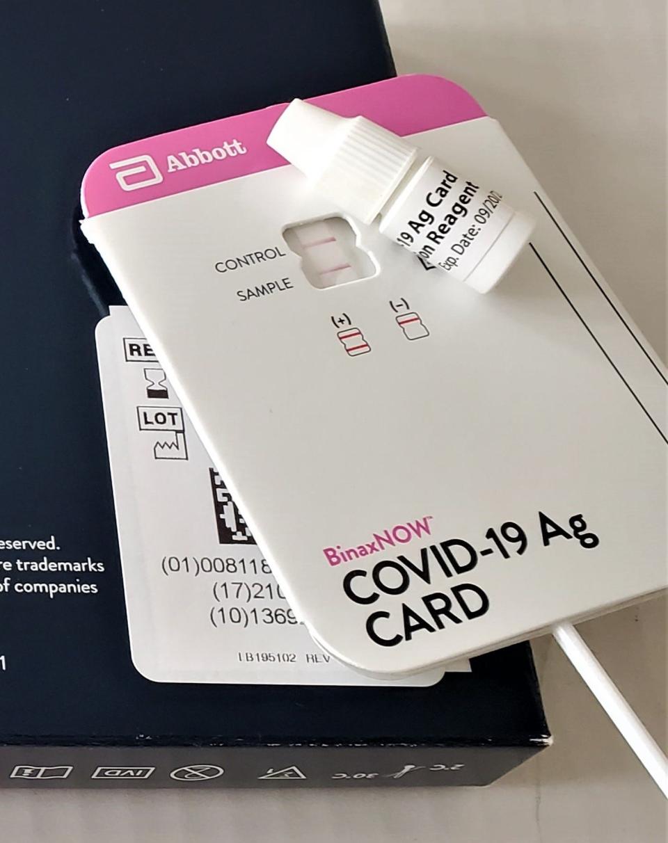 The two pink lines in the window on the COVID-19 Ag card indicate a positive result in this home test kit.