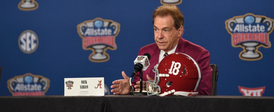 Dec 30, 2022; New Orleans, LA, USA; Alabama head coach Nick Saban speaks to the media at the Sheraton Hotel in New Orleans in the final lead up to the Sugar Bowl. 