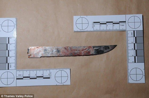 The blade used in the attack broke away from the handle, but was still covered in blood when police found it. Photo: Thames Valley Police