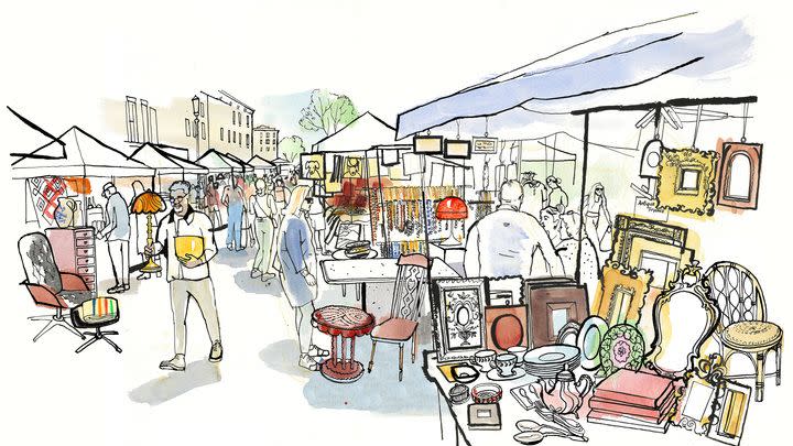 illustration of a flea market by lucinda rogers