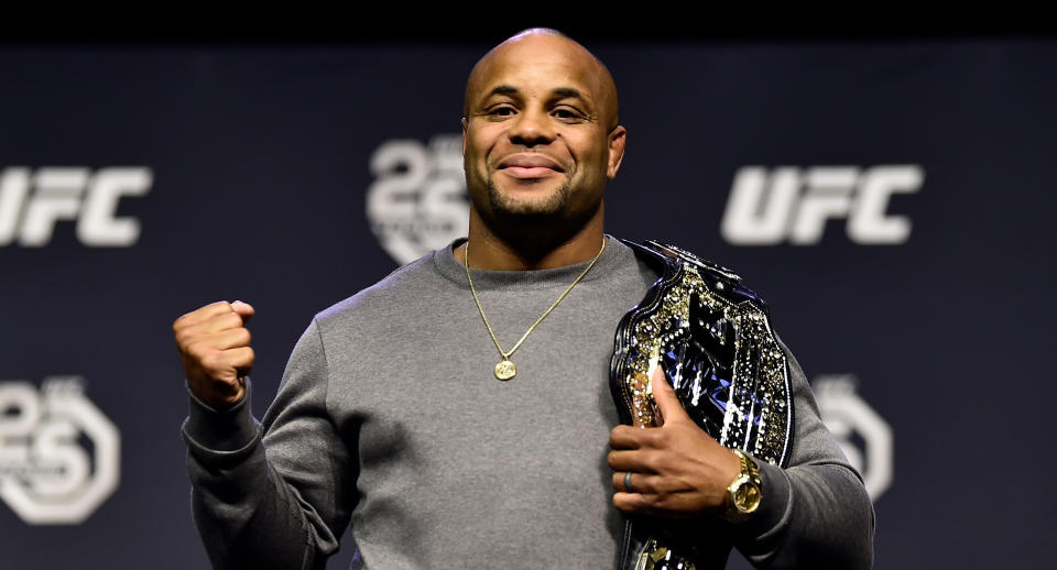 Daniel Cormier poses for photos during the UFC press conference inside Barclays Center on April 6, 2018 in Brooklyn, New York. (Getty Images)