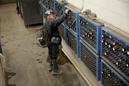 A miner places his lamp in a charging station at the Century Mine in Beallsville, Ohio, U.S., November 7, 2017. REUTERS/Joshua Roberts