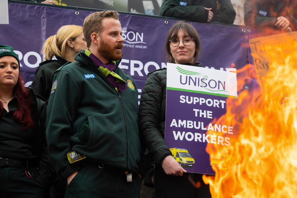 LONDON, UNITED KINGDOM - 2023/01/11: Ambulance workers are seen during a demonstration outside Waterloo Ambulance Station. Unison members of the LAS (London Ambulance Service) walked out for 12 hours from 11 am on Wednesday, Jan 11, to demonstrate for better pay and to rally support for ambulance workers. (Photo by Tejas Sandhu/SOPA Images/LightRocket via Getty Images)