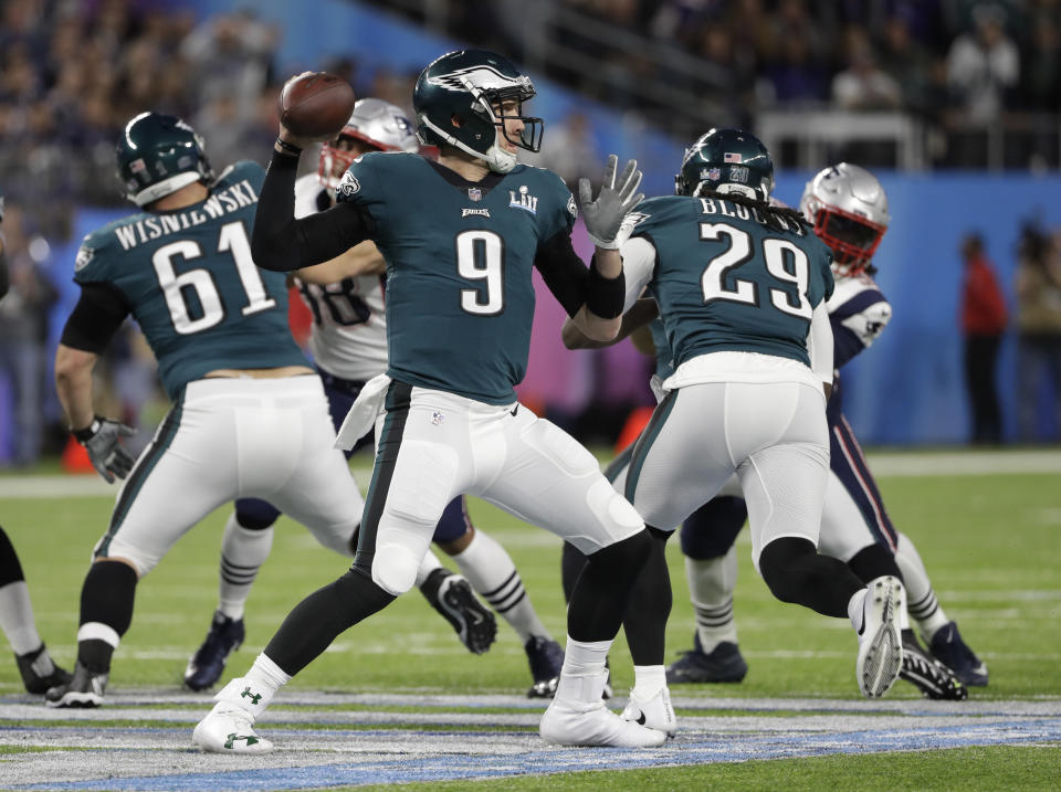 <p>Philadelphia Eagles quarterback Nick Foles (9,) throws against the New England Patriots during the first half of the NFL Super Bowl 52 football game, Sunday, Feb. 4, 2018, in Minneapolis. (AP Photo/Chris O’Meara) </p>