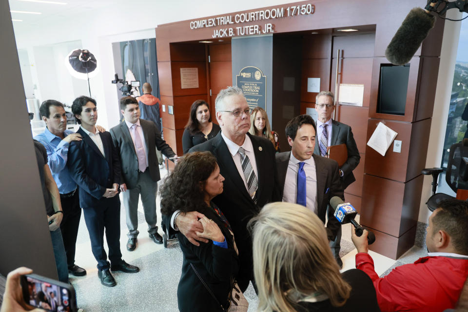 Former Marjory Stoneman Douglas High School School Resource Officer Scot Peterson speaks with the media after he was found not guilty on all charges at the Broward County Courthouse in Fort Lauderdale, Fla., on Thursday, June 29, 2023. Peterson was acquitted of child neglect and other charges for failing to act during the Parkland school massacre, where 14 students and three staff members were murdered. (Mike Stocker/South Florida Sun Sentinel)