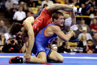 Mike Zadek (red) wrestles Logan Stieber (blue) in the 60 kg freestyle weight class during the challenge tournament for the finals of the US Wrestling Olympic Trials at Carver Hawkeye Arena on April 21, 2012 in Iowa City, Iowa. (Matthew Stockman/Getty Images)