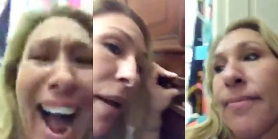 A composite of close-up cellphone screenshots showing Marjorie Taylor Greene laughing into the camera, speaking through Alexandria OCasio-Cortez' letterbox, and walking away.