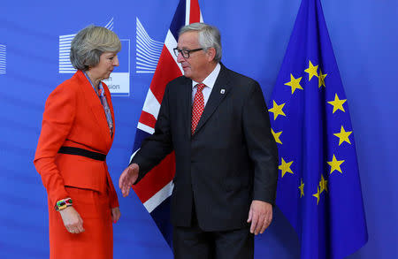 British Prime Minister Theresa May (L) is welcomed by European Commission President Jean-Claude Juncker at the EC headquarters in Brussels, Belgium October 21, 2016. REUTERS/Yves Herman