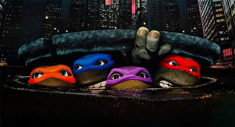 Detail from the 1990 poster for <i>Teenage Mutant Ninja Turtles</i>. (New Line Cinema)