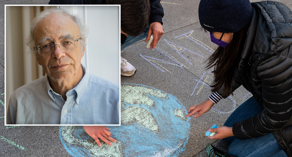 Children drawing the Earth in chalk at a climate change protest with an inset image of Peter Singer.