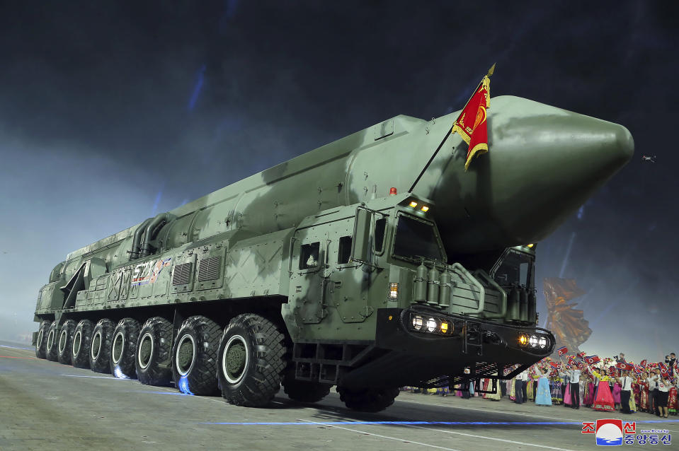This photo provided by the North Korean government, shows what it says Hwasong-18 intercontinental ballistic missile during a military parade to mark the 70th anniversary of the armistice that halted fighting in the 1950-53 Korean War, on Kim Il Sung Square in Pyongyang, North Korea Thursday, July 27, 2023. Independent journalists were not given access to cover the event depicted in this image distributed by the North Korean government. The content of this image is as provided and cannot be independently verified. Korean language watermark on image as provided by source reads: "KCNA" which is the abbreviation for Korean Central News Agency. (Korean Central News Agency/Korea News Service via AP)