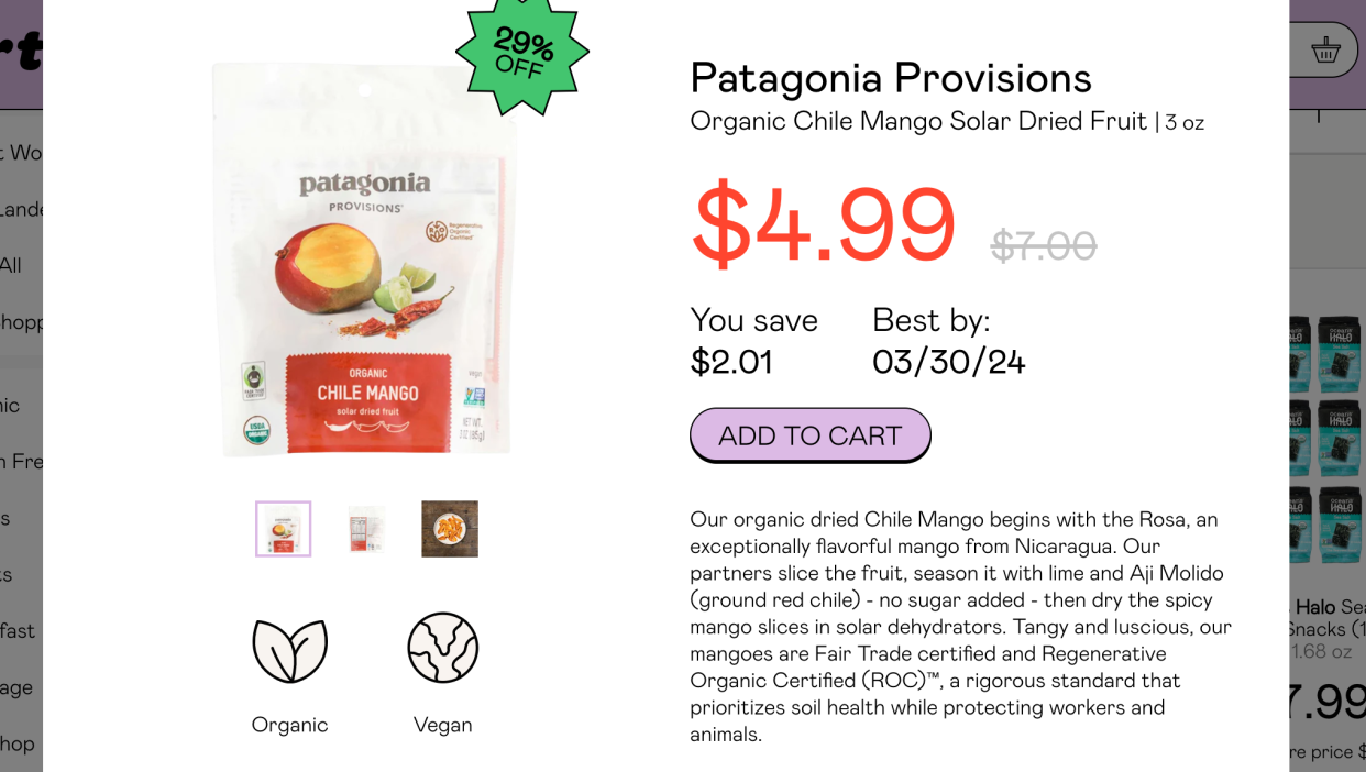 screen shot of Patagonia Provisions  Organic Chile Mango Solar Dried Fruit on Martie