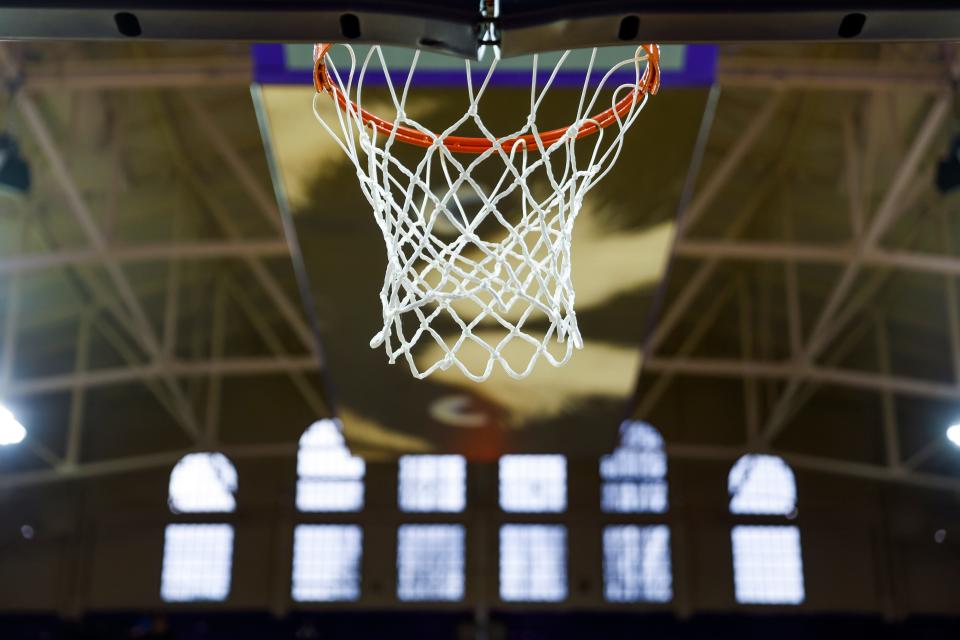 Detail view of the hoop before a basketball game.
