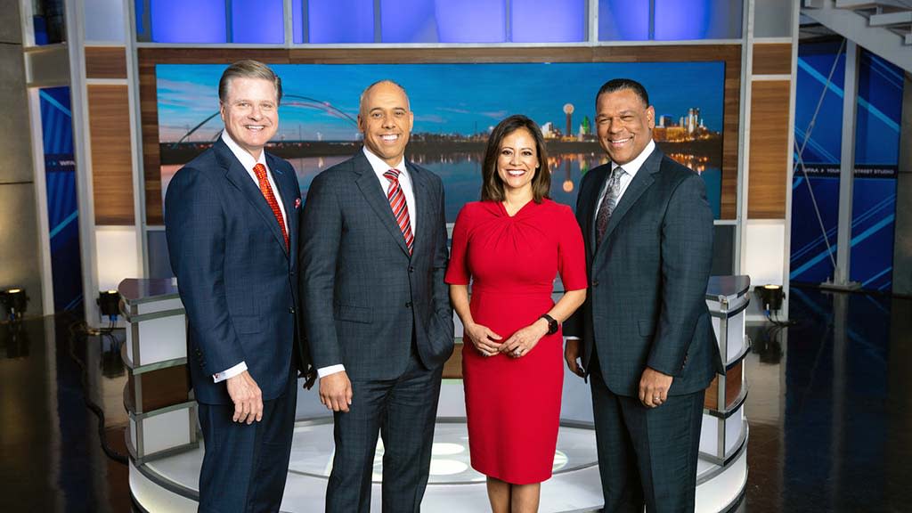  WFAA's late news crew includes (from l.): chief meteorologist Pete Delkus, anchors Chris Lawrence and Cynthia Izaguirre, and sports anchor Joe Trahan.  