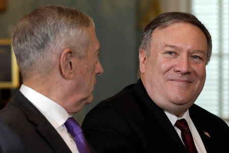 U.S. Defense Secretary James Mattis and Secretary of State Mike Pompeo attend the second U.S.-China Diplomatic and Security Dialogue at the State Department in Washington, U.S., November 9, 2018. REUTERS/Yuri Gripas