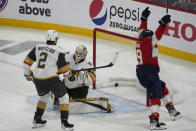 Florida Panthers left wing Matthew Tkachuk (19) celebrates the game winning goal by teammate Carter Verhaeghe during overtime in Game 3 of the NHL hockey Stanley Cup Finals, Thursday, June 8, 2023, in Sunrise, Fla. The Florida Panthers defeated the Vegas Golden Knights 3-2. (AP Photo/Rebecca Blackwell)