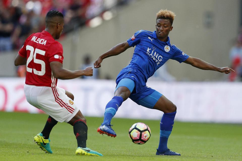 Football Soccer Britain - Leicester City v Manchester United - FA Community Shield - Wembley Stadium - 7/8/16 Leicester City's Demarai Gray in action with Manchester United's Antonio Valencia Action Images via Reuters / John Sibley Livepic EDITORIAL USE ONLY. No use with unauthorized audio, video, data, fixture lists, club/league logos or "live" services. Online in-match use limited to 45 images, no video emulation. No use in betting, games or single club/league/player publications. Please contact your account representative for further details.