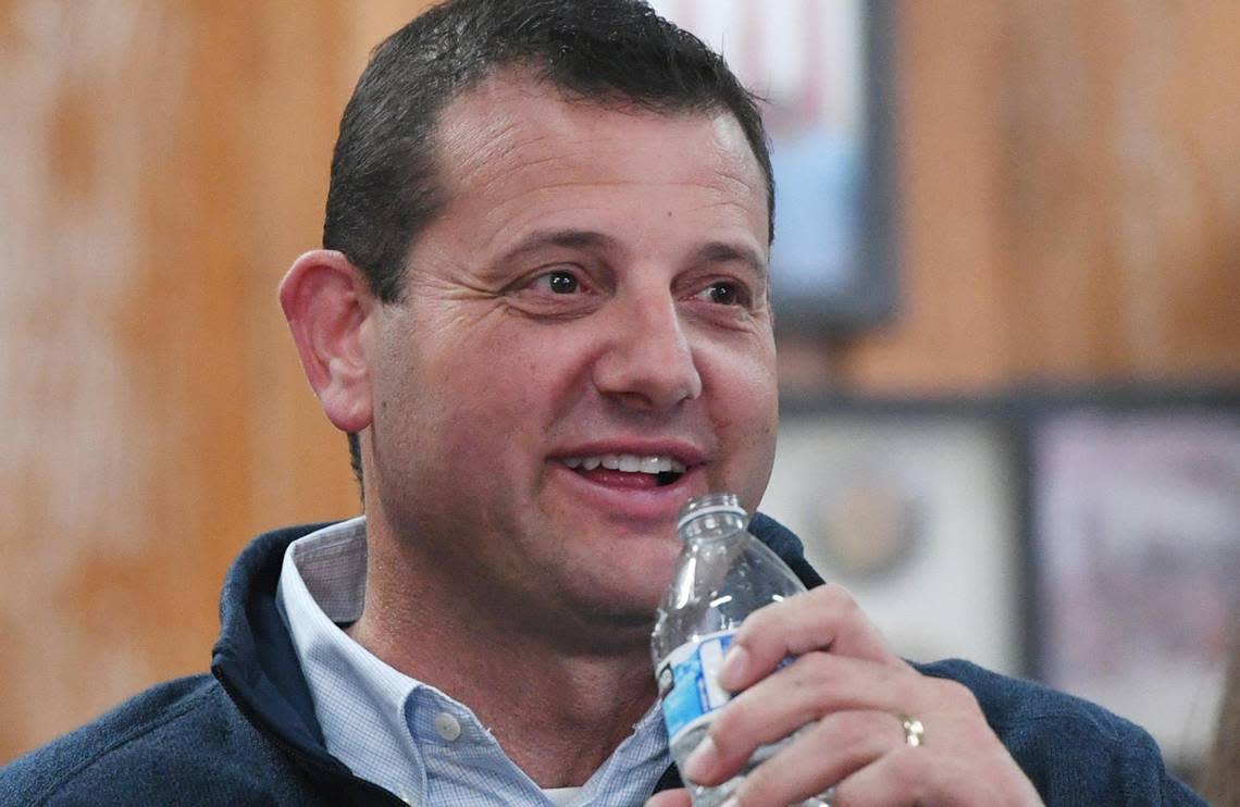 David Valadao, candidate for the 22nd Congressional District, smiles as he sees results for another race, at his election night gathering Tuesday, Nov. 8, 2022 near Hanford.