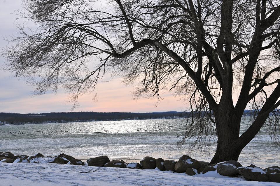 Tree branches frame the view of a Finger Lake in NY