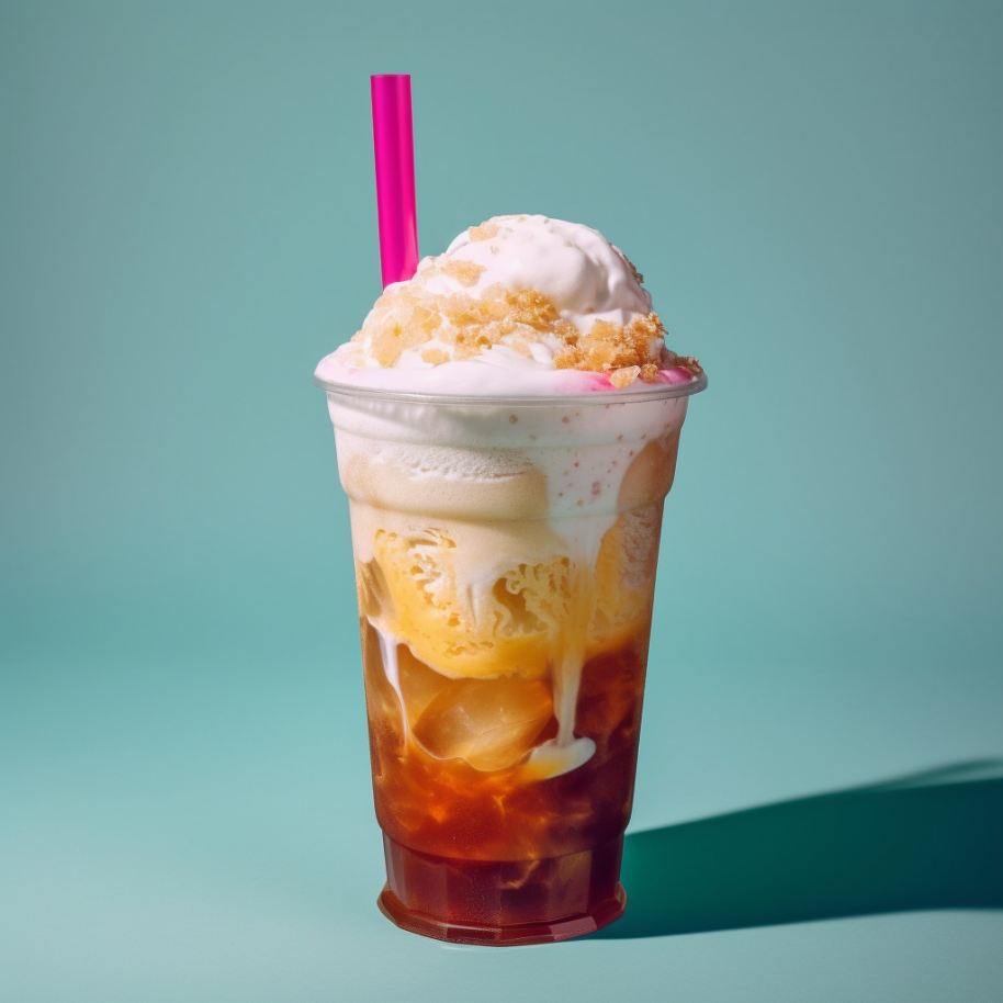 a cola ice cream float with a pink drink*-flavored ice cream