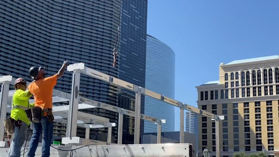 Construction on grandstands in front of the Bellagio on Wednesday, Sept. 20, 2023. (Ryan Matthey / 8NewsNow)