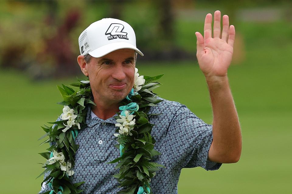 KAILUA KONA, HAWAII - JANUARY 20: Steven Alker of New Zealand reacts after winning the PGA TOUR Champions Mitsubishi Electric Championship at Hualalai Golf Club on January 20, 2024 in Kailua Kona, Hawaii. (Photo by Kevin C. Cox/Getty Images)