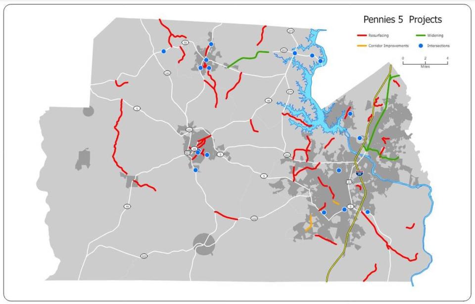 A map of potential Pennies for Progress road fixes, if approved by voters this fall, includes road resurfacing shown here with red lines.