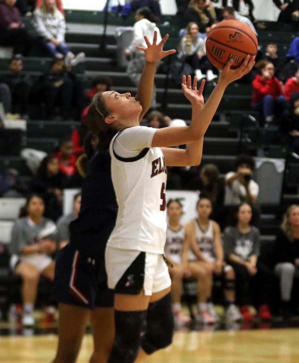 Elmira's Jalea Abrams goes up for a shot during a 61-51 loss to St. Francis Prep in a girls division quarterfinal at the Josh Palmer Fund Clarion Classic on Dec. 27, 2022 at Elmira High School.