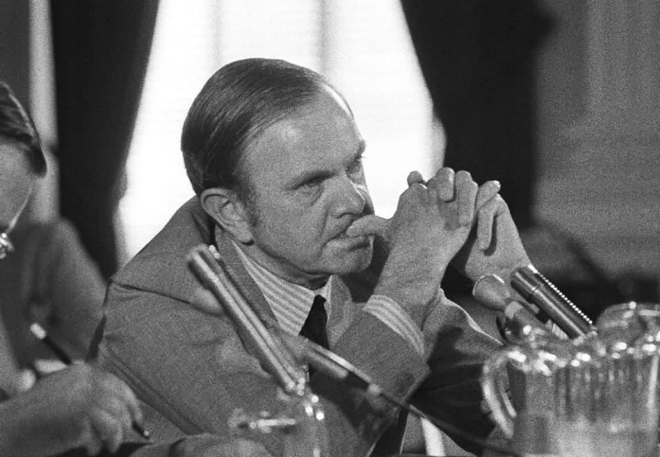 FILE - In this July 26, 1972, file photo, Ralph Wilson, owner of the Buffalo Bills football team, listens to a question as he appeared before the House Select Committee on Crime in Washington. Bills owner Wilson Jr. has died at the age of 95. NFL.com says team president Russ Brandon announced his death at the league's annual meeting in Orlando, Fla., Tuesday, March 25, 2014. (AP Photo/Charles Gorry, File)