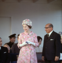 <p>The Queen opted for a loud floral ensemble on a visit to Malta.<br><i>[Photo: Rex/Reginald Davis]</i> </p>
