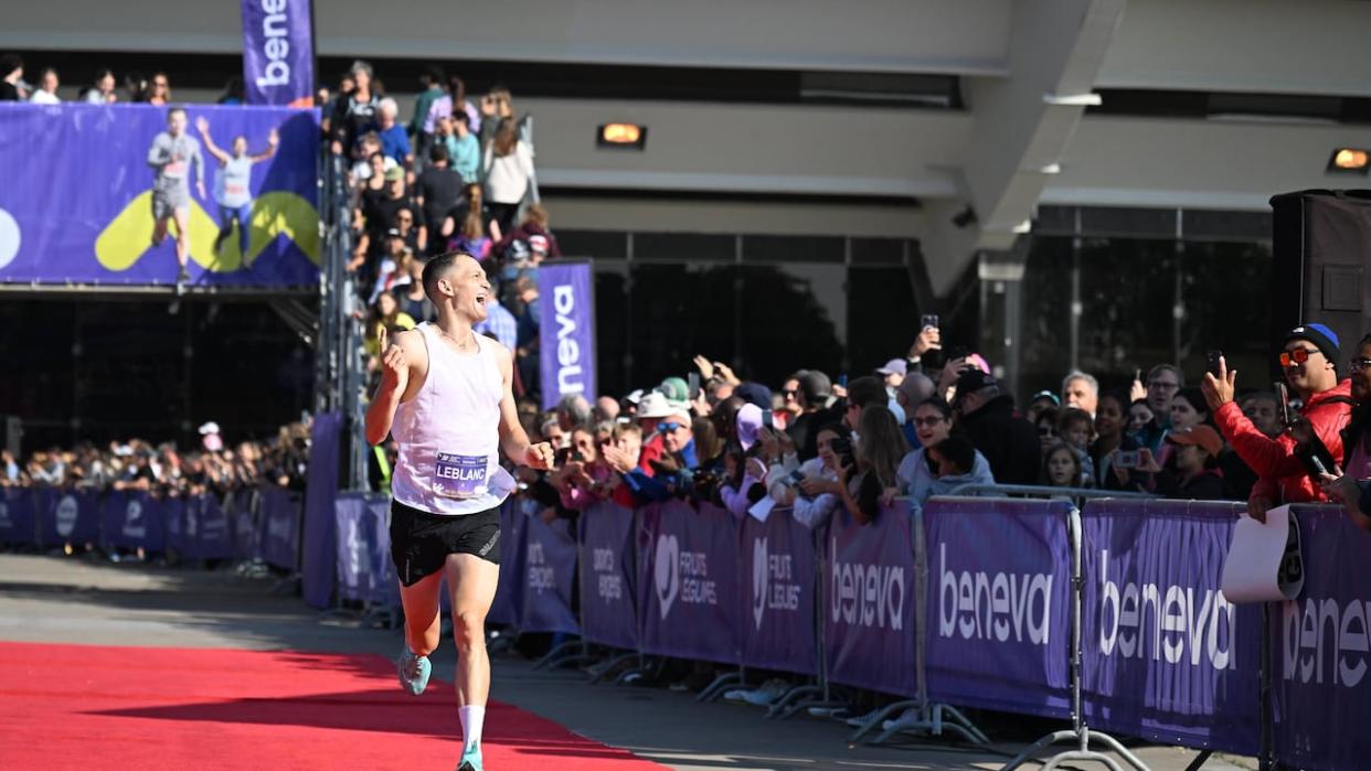 Simon Leblanc from Saint-Prosper, Que., about 100 kilometres south of Quebec City, finished second in the Montreal Marathon. A week later, he took home gold at the Quebec City Marathon.  (Gary Yee/Marathon Beneva de Montréal - image credit)