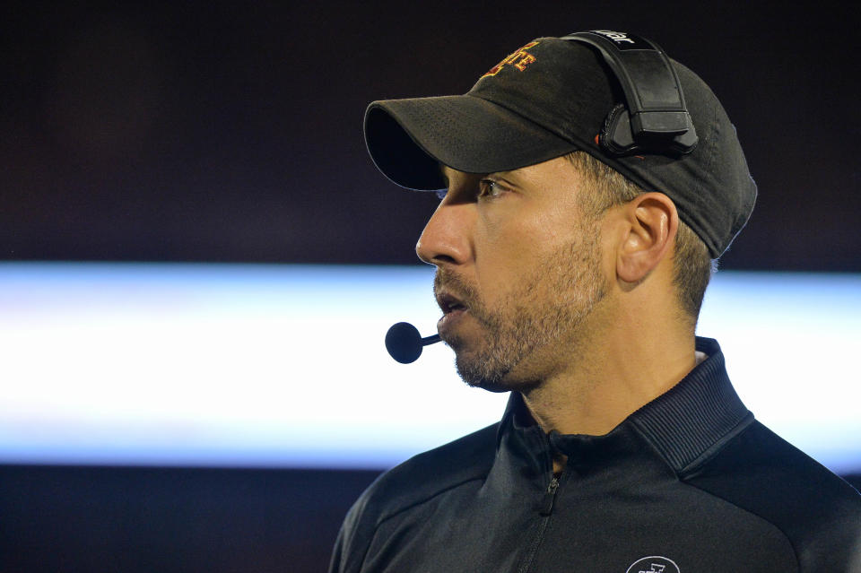 Nov 6, 2021; Ames, Iowa, USA; Iowa State Cyclones head coach Matt Campbell looks on during the first quarter against the <a class="link " href="https://sports.yahoo.com/ncaaf/teams/texas/" data-i13n="sec:content-canvas;subsec:anchor_text;elm:context_link" data-ylk="slk:Texas Longhorns;sec:content-canvas;subsec:anchor_text;elm:context_link;itc:0">Texas Longhorns</a> at Jack Trice Stadium. Mandatory Credit: Jeffrey Becker-USA TODAY Sports