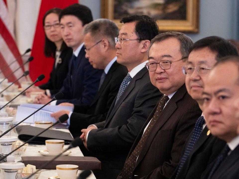 Liu Jianchao (fourth from right), attending a meeting with US State Secretary Antony Blinken in January.