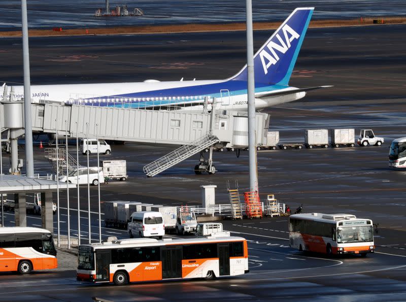 A Boeing 767-300ER plane chartered by the Japanese government, carrying evacuated Japanese nationals living in Wuhan lands at Haneda airport amid an outbreak of coronavirus in China