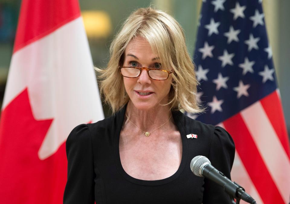 In this Oct. 23, 2017, file photo, United States Ambassador to Canada Kelly Knight Craft speaks after presenting her credentials during a ceremony at Rideau Hall in Ottawa.