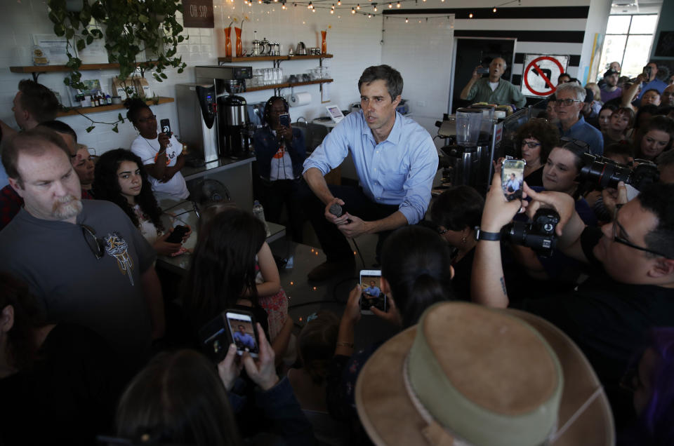 Democratic presidential candidate and former Texas congressman Beto O'Rourke speaks at a campaign stop at a coffee shop Sunday, March 24, 2019, in Las Vegas. (AP Photo/John Locher)