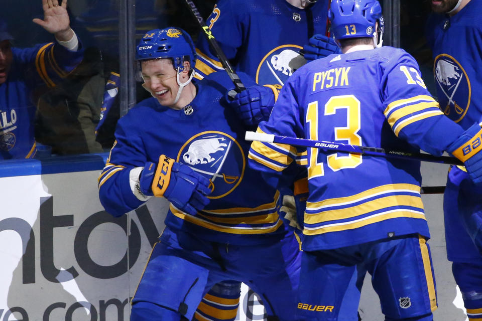 Buffalo Sabres left wing Jeff Skinner (53) celebrates his goal during the third period of an NHL hockey game against the Detroit Red Wings, Monday, Jan. 17, 2022, in Buffalo, N.Y. (AP Photo/Jeffrey T. Barnes)