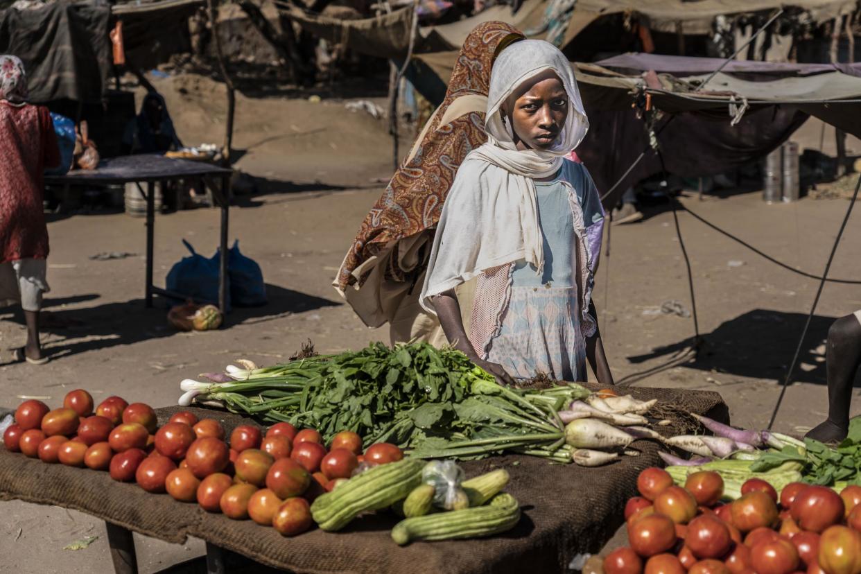 A young emaciated girl sells vegetables at a market outside of Zamzam displaced camp in north Darfur: Bel Trew