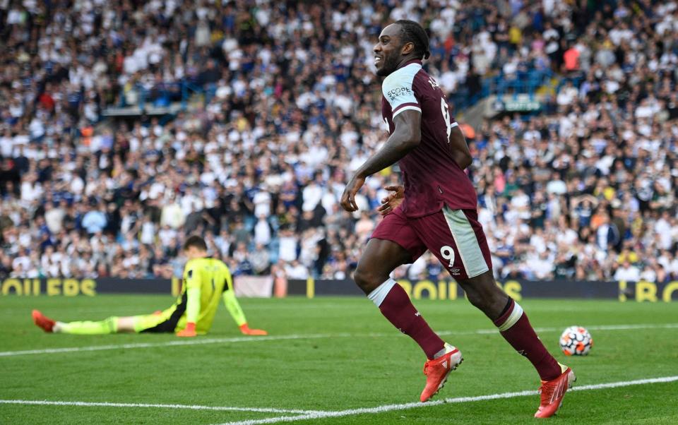 West Ham United's English midfielder Michail Antonio celebrates after he scores his team's second goal during the English Premier League football match between Leeds United and West Ham United at Elland Road in Leeds, northern England on September 25, 2021. - GETTY IMAGES