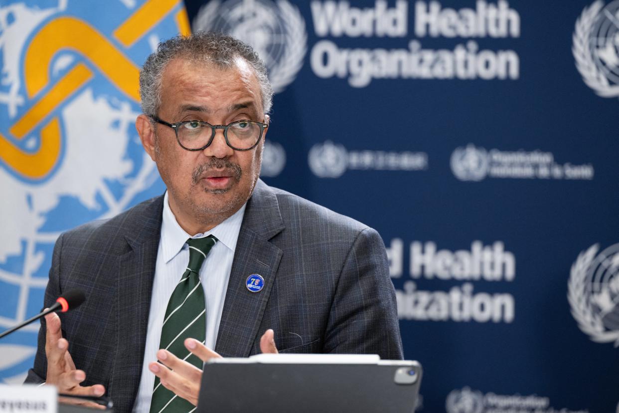 Tedros Adhanom Ghebreyesus, director general of the World Health Organization, delivers remarks Dec. 15 during a press conference with press correspondents to the United Nations at WHO headquarters in Geneva.