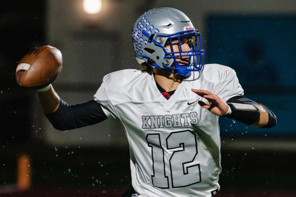 Bishop Ready quarterback Kaleb Shchaffer scrambles out of the pocket late in the fourth quarter during the Division IV Region 15 Semifinal football game against Indian Valley, Saturday, Nov. 12 from Paul “Hoss” Starr Stadium in Newark.