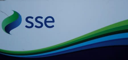 An SSE company logo is seen on signage outside the Pitlochry Dam hydro electric power station in Pitlochry