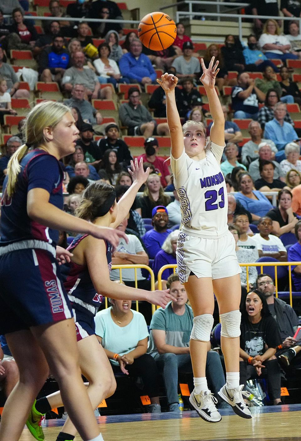 Mar. 2, 2022; Phoenix, AZ, USA; Valley Vista's Jennah Isai (23) shoots a three pointer against Perry during the 6A State Championship game at Arizona Veterans Memorial Coliseum.