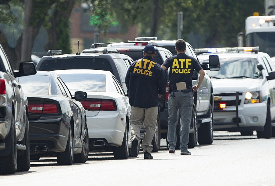 ATF agents arrive on location at Santa Fe High School where a shooter killed at least 10 students on May 18, 2018 in Santa Fe, Texas.