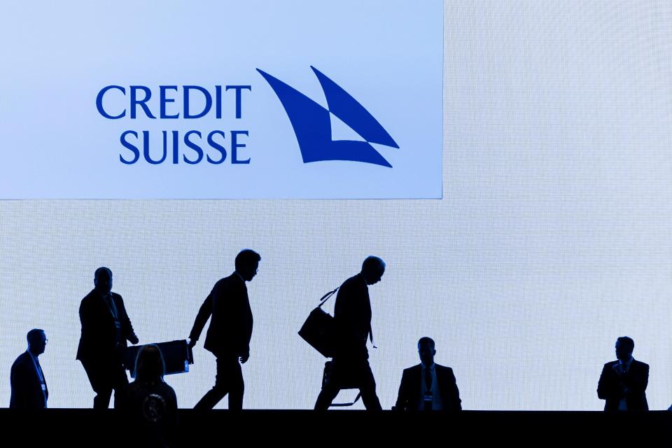 FILE - Swiss bank Credit Suisse CEO Ulrich Koerner, third right, leaves the stage after the annual shareholders' meeting of the Swiss banking group on Tuesday, April 4, 2023 in Zurich, Switzerland. A U.S. Senate committee has accused the embattled Swiss bank Credit Suisse of limiting the scope of an internal probe into Nazi clients and Nazi-linked accounts. (Michael Buholzer/Keystone via AP, File)